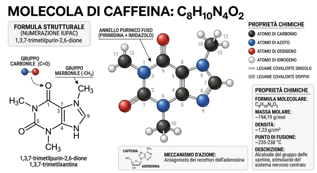 molecola di caffeina, composizione chimica e legami atomici