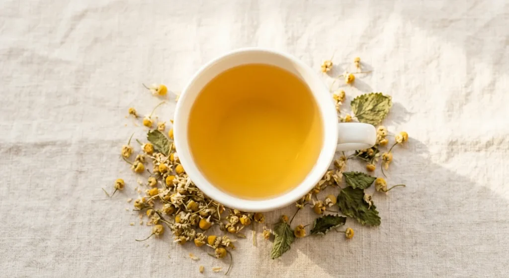 tisana con fiori ed erbe, colore dorato e limpido, attorno alla tazza fiori di camomilla essiccati