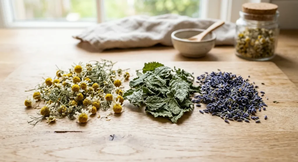 erbe-tisane-rilassanti-camomilla-melissa-lavanda Camomilla, melissa e lavanda essiccate per preparare una tisana rilassante naturale