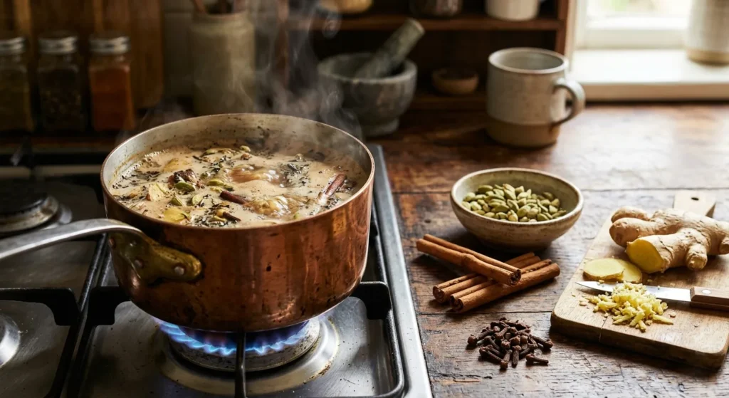 masala-chai-preparazione-pentolino Masala chai ricetta: preparazione in pentolino con tè nero, spezie e latte caldo