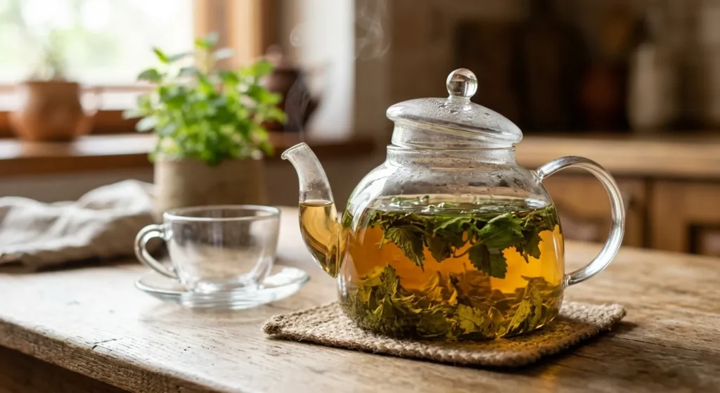preparazione-tisana-erbe-infusione Tisana di erbe rilassanti in infusione in una teiera trasparente sul tavolo
