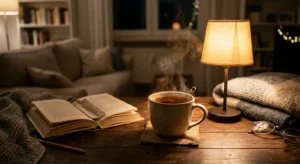 Tazza fumante di tisana per rilassarsi la sera su tavolo con libro e luce calda di lampada