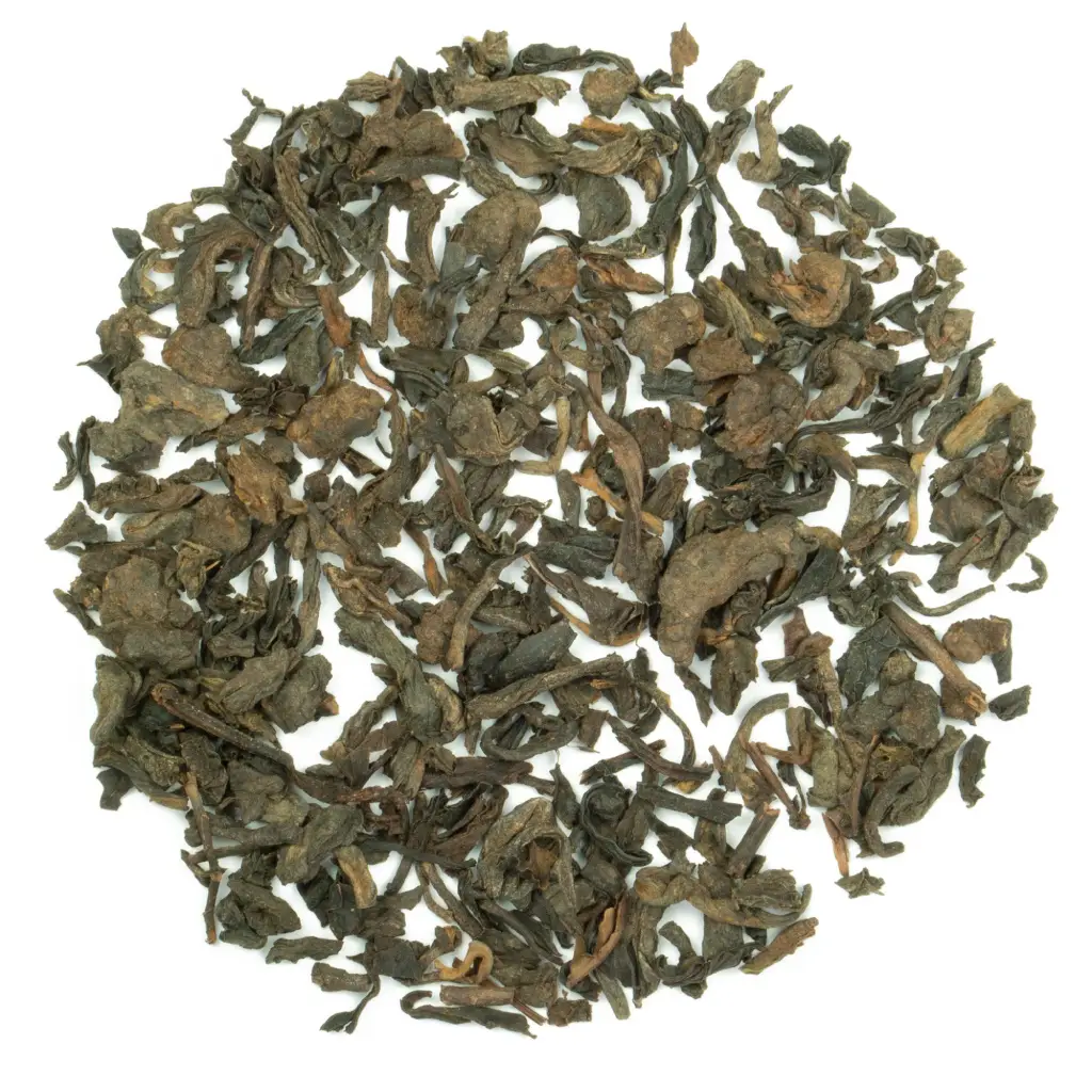 Pu Erh Menghai stagionatura di 5 anni, in foglia, biologico. Dettaglio delle foglie