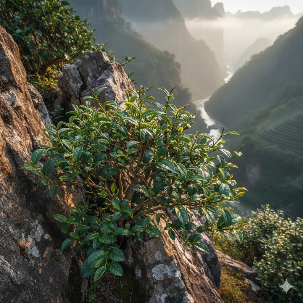 Arbusto di te fra le rocce sulle montagne Wuyi Arbusto di te fra le rocce sulle montagne Wuyi