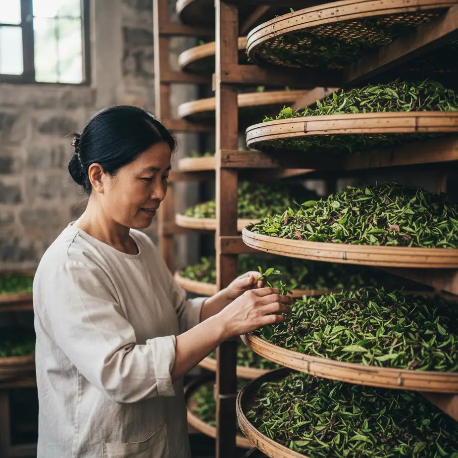Esperta controlla le foglie del tè oolong per valutare lo stato della essicazione e della semi-ossidazione