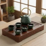 Come preparare il tè Oolong - set da tè per gongfu cha, una teiera e con due tazze con tè appoggiate su un vassoio di legno