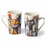 Coppia di tazze Stormy decorate in stile graffiti con gatti