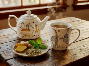 Teiera e tazza decorata con gatti con una tisana detox naturale. In un piattino ci sono gli ingredienti: finocchio zenzero e menta piperita