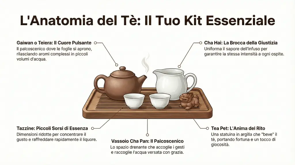 Kit essenziale per la cerimonia del tè: Gaiwan, Cha Hai, tazzine, vassoio Cha Pan e il tea pet