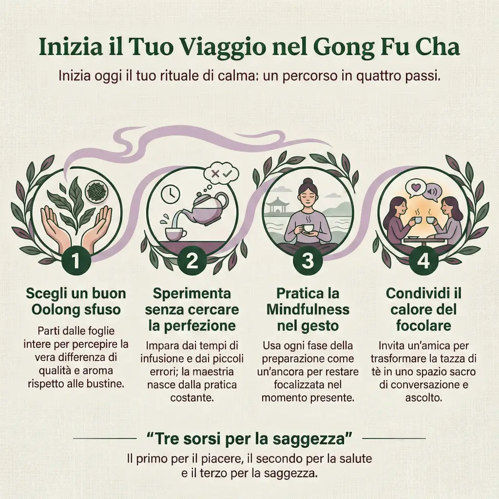Schema con i 4 passi per trovare la calma nella cerimonia del tè Gong Fu Cha