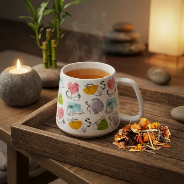 Tazza di tisana per la meditazione in ambiente rilassante