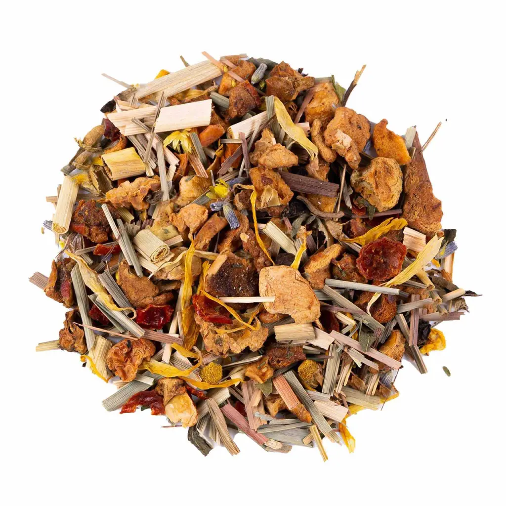 Tisana per la meditazione e lo yoga, con Mela, citronella, cinorrodo, camomilla, erba Tulsi, pepe nero, menta piperita, lavanda, Stevia, calendula, sempiterno di montagna, cardamomo, valeriana