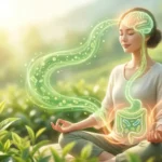 Illustrazione di un flusso luminoso che collega l'addome inferiore di una figura femminile seduta in meditazione al suo cervello. L'intestino e il cervello sono i punti focali, collegati da questa energia per ottenere benefici del tè verde per il cervello