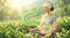 Illustrazione di un flusso luminoso che collega l'addome inferiore di una figura femminile seduta in meditazione al suo cervello. L'intestino e il cervello sono i punti focali, collegati da questa energia per ottenere benefici del tè verde per il cervello