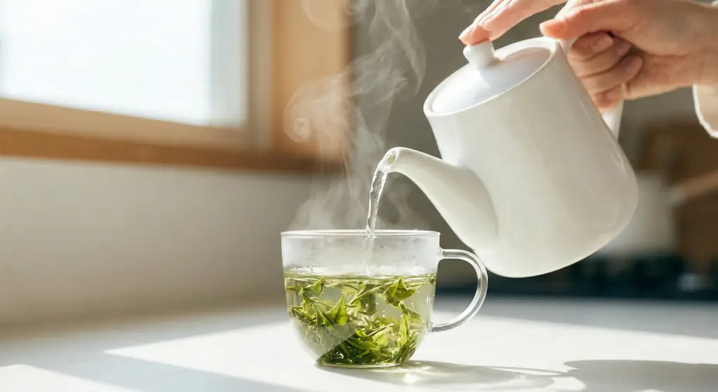 Una mano femminile versa delicatamente acqua calda in una tazza di vetro trasparente contenente foglie intere di Sencha.