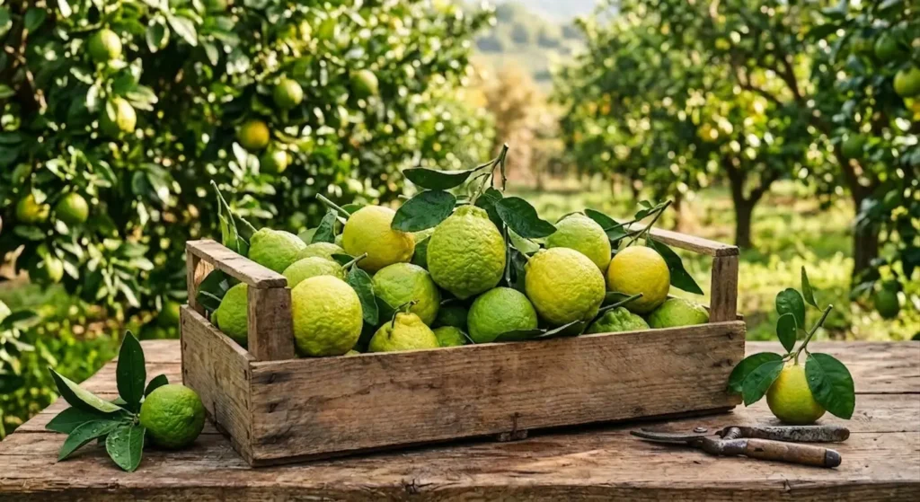 Bergamotti freschi appena raccolti, tipici della Calabria, da cui si estrae l'olio essenziale per aromatizzare il tè