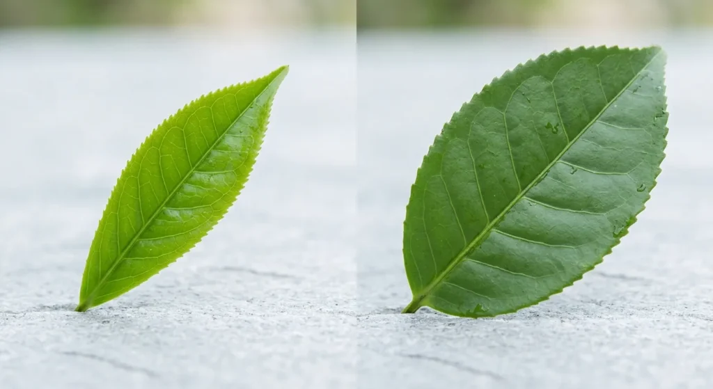 Confronto tra una foglia della varietà sinensis (più piccola) e una della varietà assamica (più grande