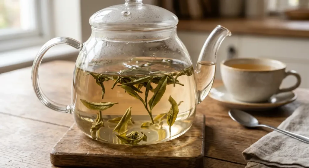 Foglie di tè in foglia che si aprono nell'acqua calda durante l'infusione