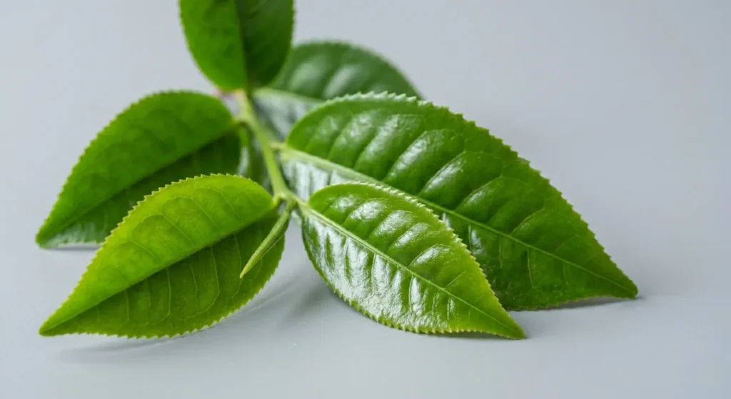 Foglie di Camellia sinensis in primo piano: verde lucido, ovate, con il caratteristico margine seghettato