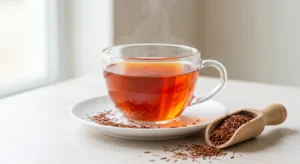 Tazza di tè rooibos con paletta per scoprire cos'è il tè rooibos sfuso