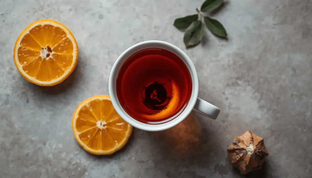 Tè Earl Grey in foglia versato in una tazza chiara con una scorza di bergamotto accanto, vista dall'alto