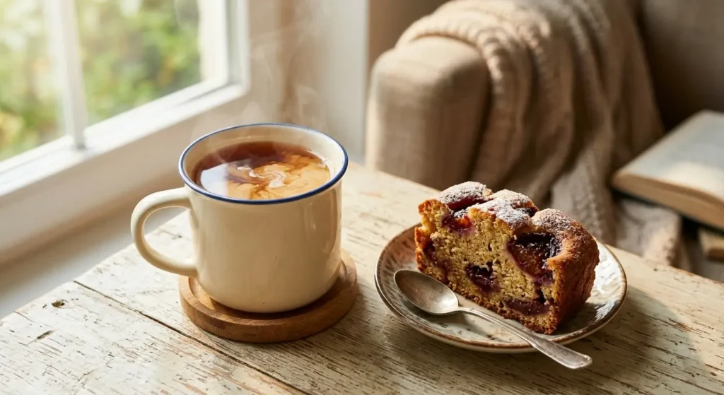Tazza di tè nero al bergamotto fumante con un dito di latte, accompagnata da un plumcake