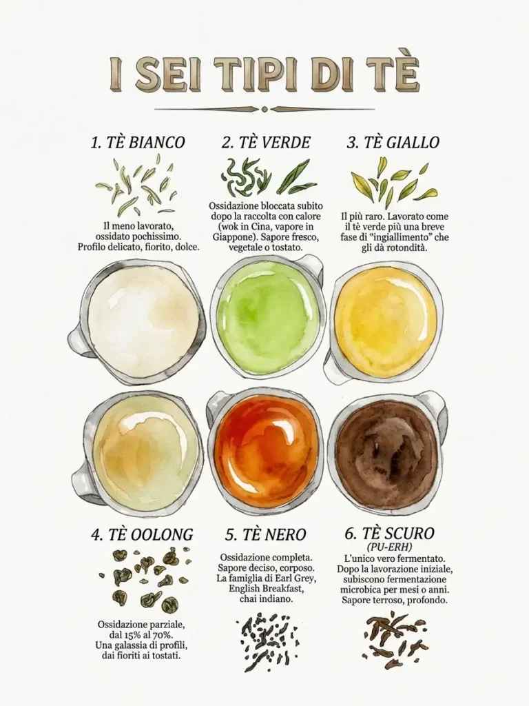 infografica dei 6 tipi di tè con le loro caratteristiche: tè bianco, tè verde, tè giallo, tè oolong, tè nero, pu erh