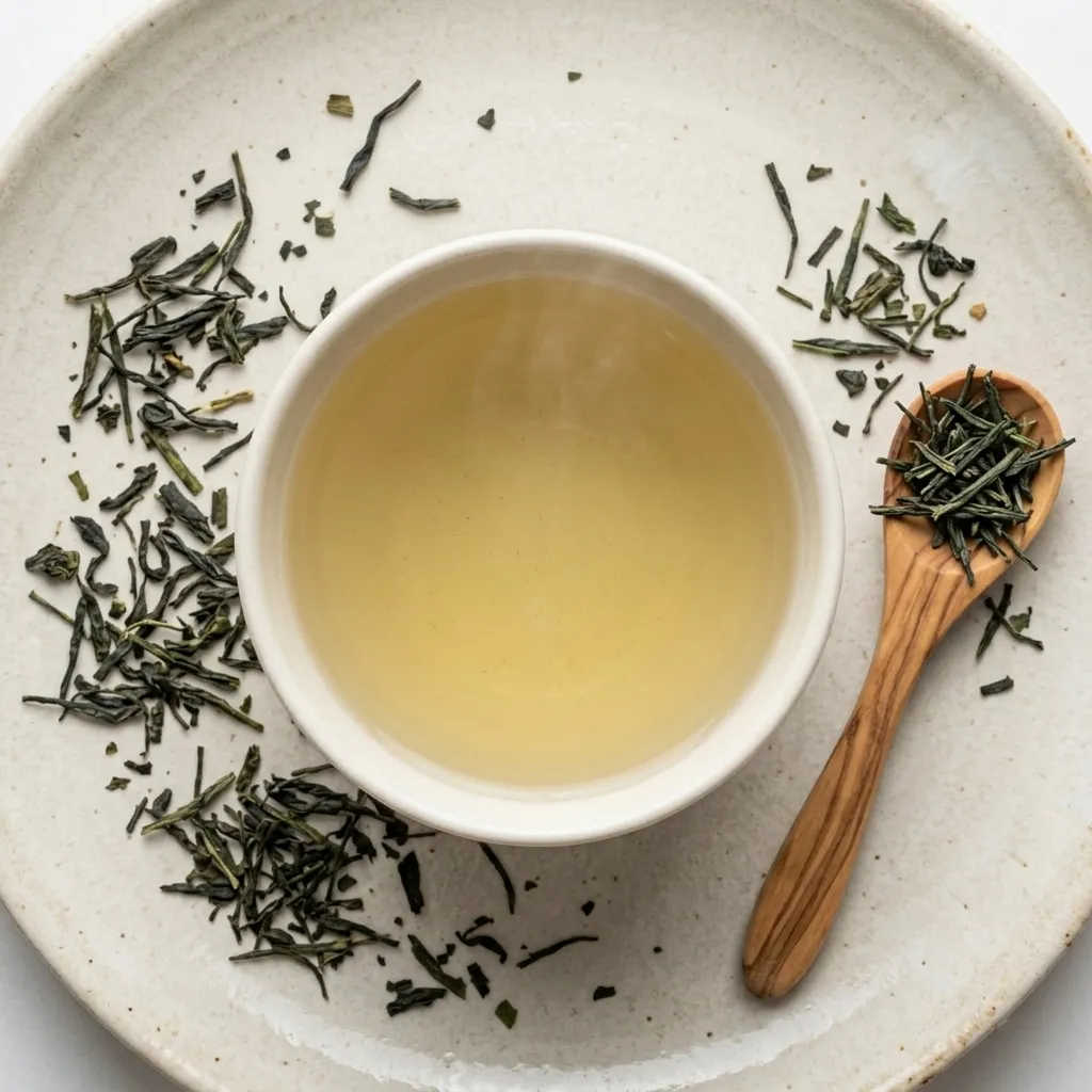 Tazza di tè verde fumante vista dall'alto, infuso dorato chiaro che mostra i polifenoli e le catechine del tè verde
