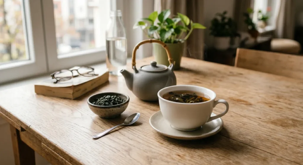 Tazza di tè caldo in foglia su un tavolo, vapore visibile: il rituale del tè quotidiano