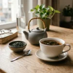 Tazza di tè caldo in foglia su un tavolo, vapore visibile: il rituale del tè quotidiano