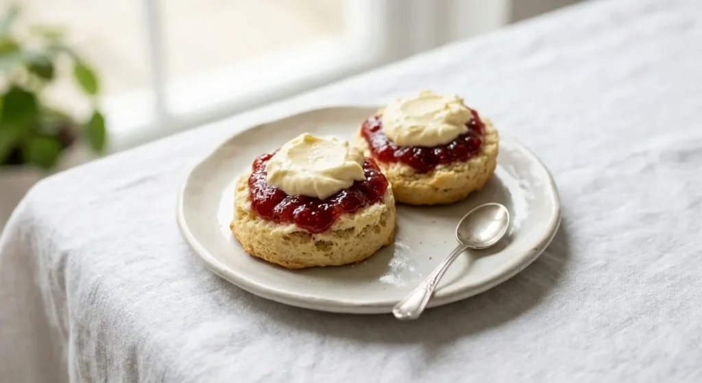 Scones inglesi tagliati a metà con marmellata di fragole e clotted cream su un piattino di ceramica chiara