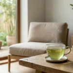 Tazza di tè verde su un tavolo di legno: tè e pressione vanno trattati con onestà, nel contesto di abitudini quotidiane.