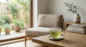 Tazza di tè verde su un tavolo di legno: tè e pressione vanno trattati con onestà, nel contesto di abitudini quotidiane.