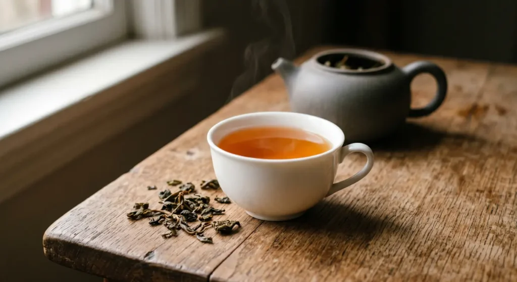Tazza di tè oolong appena infuso, colore ambrato tipico delle varietà a media ossidazione.