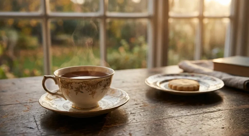 Tazza di porcellana con tè nero fumante per il rito del tè delle cinque, luce calda del pomeriggio su un tavolo di legno