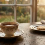 Tazza di porcellana con tè nero fumante per il rito del tè delle cinque, luce calda del pomeriggio su un tavolo di legno