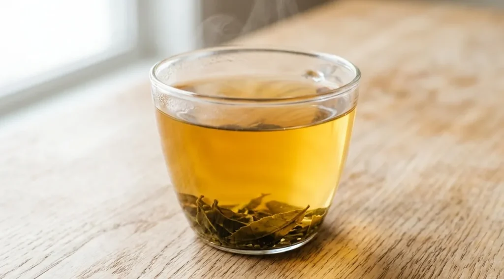 Tazza di vetro trasparente con tè di qualità appena infuso, liquore limpido e brillante di colore ambra chiaro
