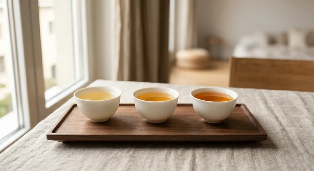 Tre tazze di tè oolong da infusioni successive, dimostrano la resa delle foglie nel rituale gongfu.