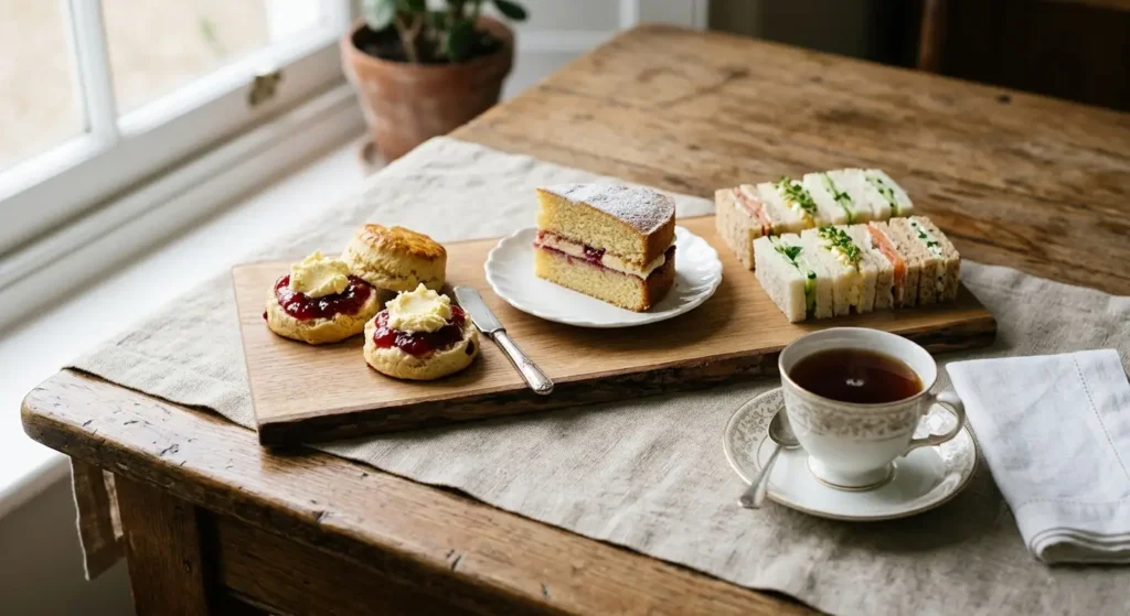 Vassoio per il tea time con piccoli sandwich, scones e dolcetti, accanto a una tazza di tè caldo